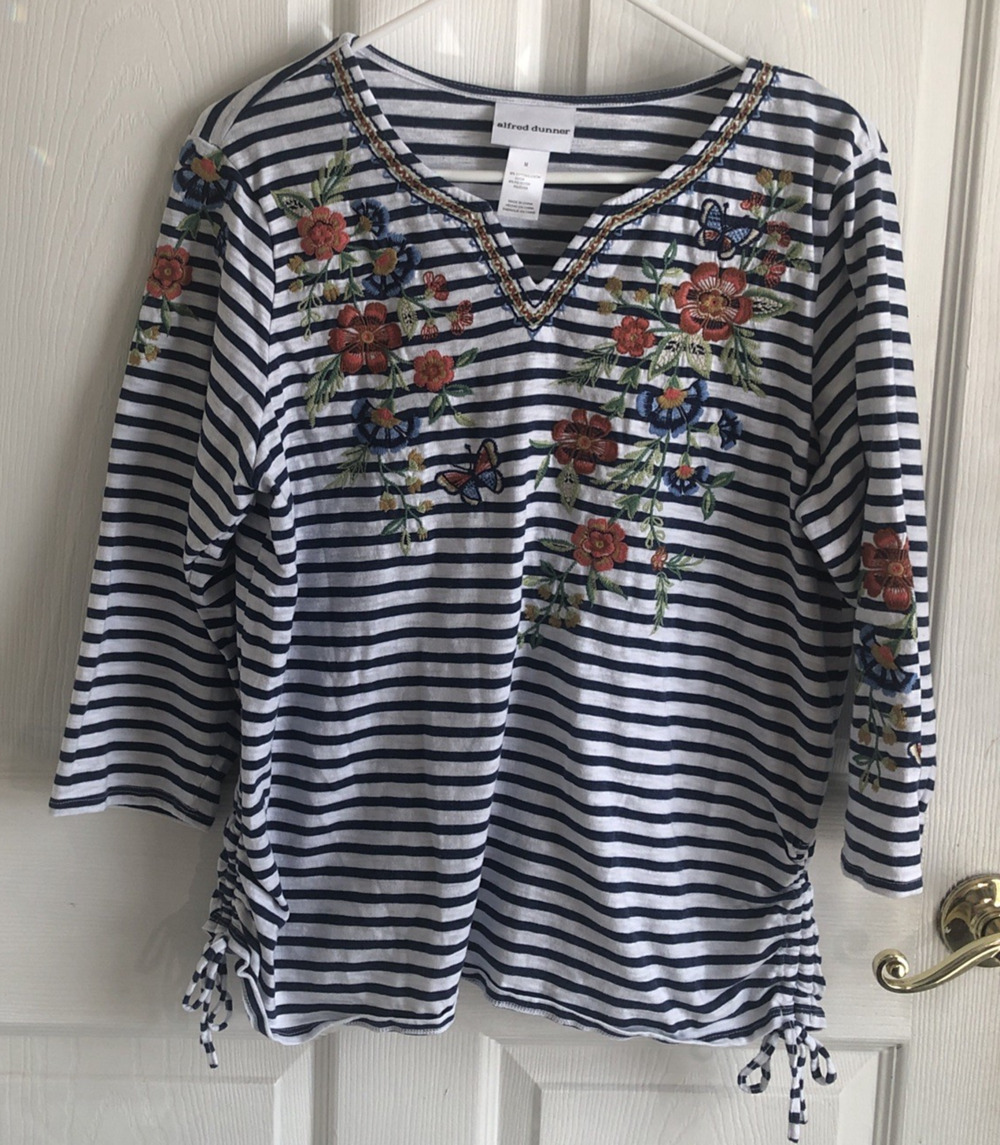 Womens Med Embroidered Flowers butterfly striped nautical Coastal casual shirt